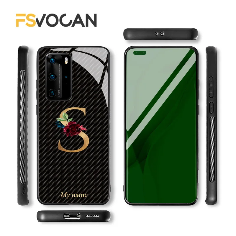 DIY Custom Name Phone Case For Huawei P30 P40 Lite Pro P20 Honor 50 10X 20 30Plus 8X 9X Nova 5T Mate Carbon Fiber Cover Initials