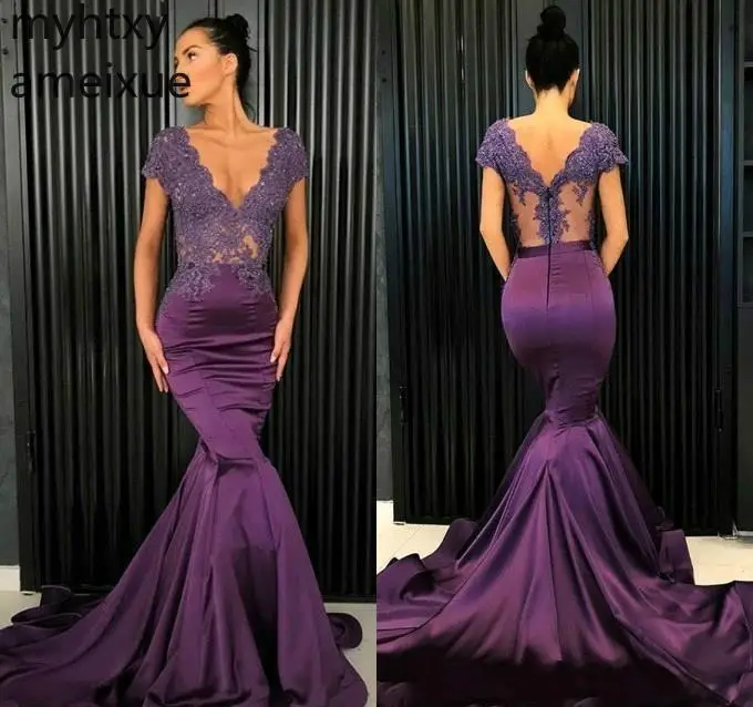 Purple Sexy Custom Illusion Event Prom Dresses 2021 Mermaid V Neck Appliques Wear Evening Party Gowns Plus Size Dress Elegant | Свадьбы и