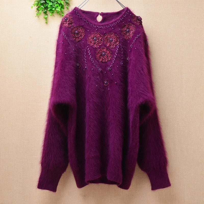 

female women vintage beading autumn winter hairy angora rabbit fur hand knitted long batwing sleeves loose pullover sweater pull