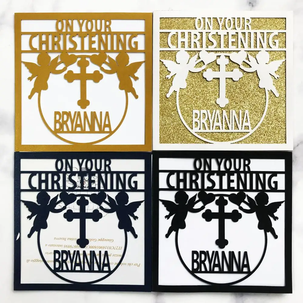 

15pcs/lot Hollow Laser Cut Christening & Baptism Invitation Card Customizable Several Colors Pearl Paper Message Card