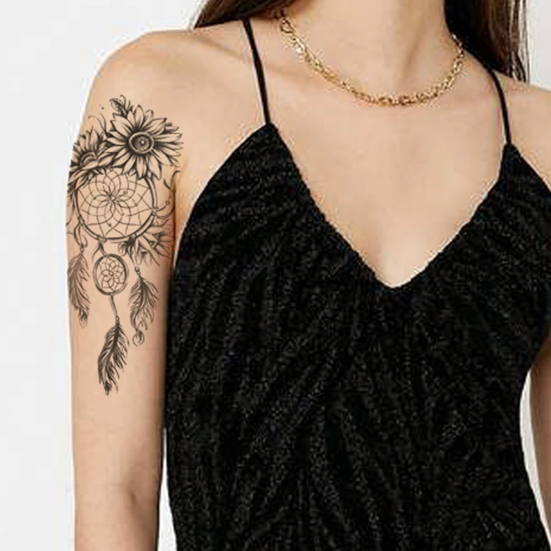 

Hannah Waterproof Temporary Tattoo Sticker Black Dream Catcher Sunflowers Totem Fake Tattoos Flash Tatoos Arm Body Art for Women