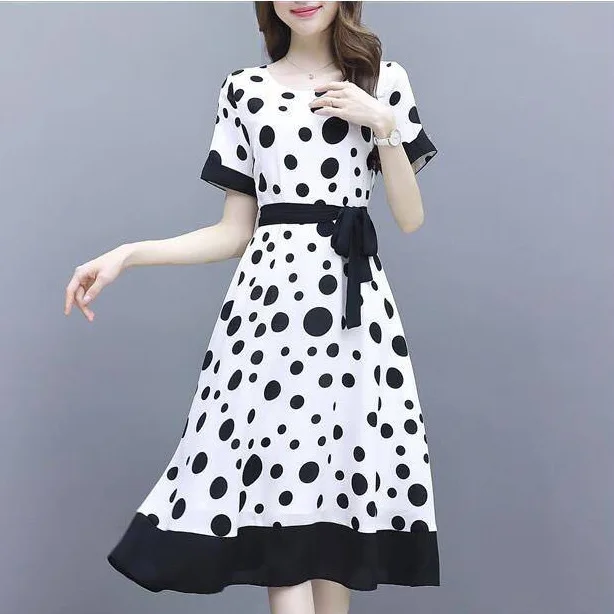 

Mid-length Dress Female 2021 Summer New Korean Style Polka-dot Short-sleeved A-line Skirt Female Round Neck Tie Printed Skirt