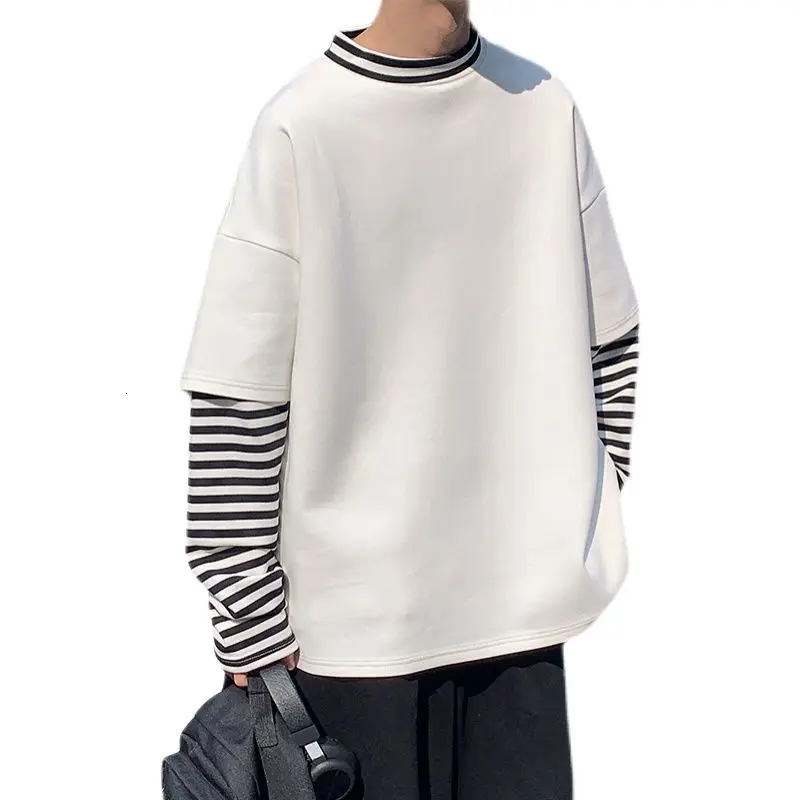 

Korean Loose Hip-hop Fake Two-piece Hoodies Mens Cotton Striped Hoodie Men's Fashion Casual Pullover Sweatshirt Men Streetwear