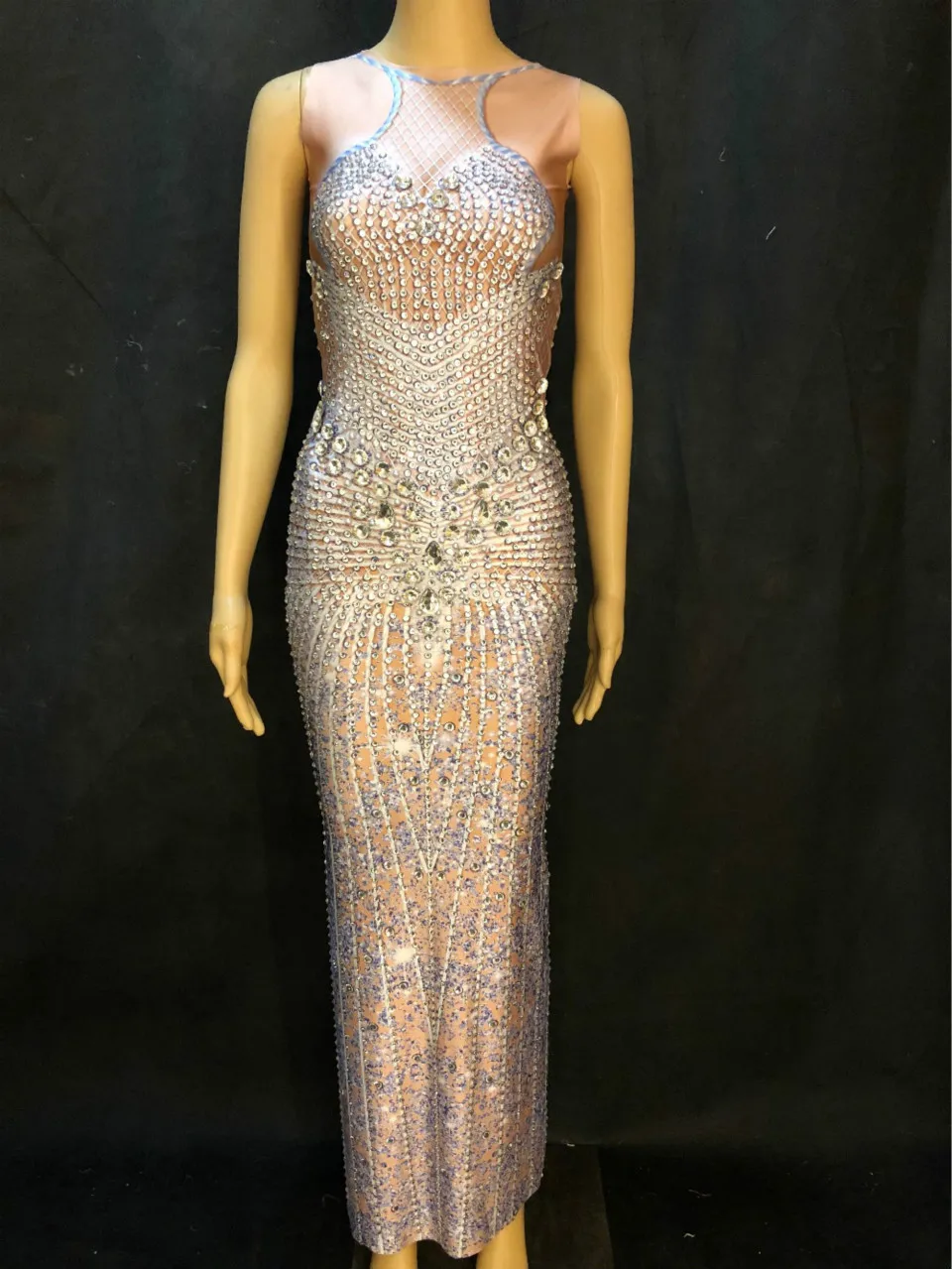 Sexy Bling Long Rhinestone bodycon Dress Women Net Yarn Sparkling Crystal Sleeveless Nightclub Party Dancer Singer Stage Wear |