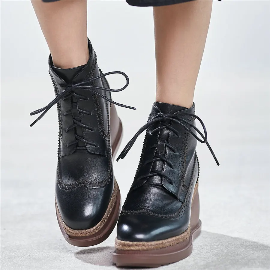 

High Top Platform Oxfords Shoes Women Lace Up Cow Leather Wedges High Heel Ankle Boots Female Round Toe Pumps Shoes Casual Shoes