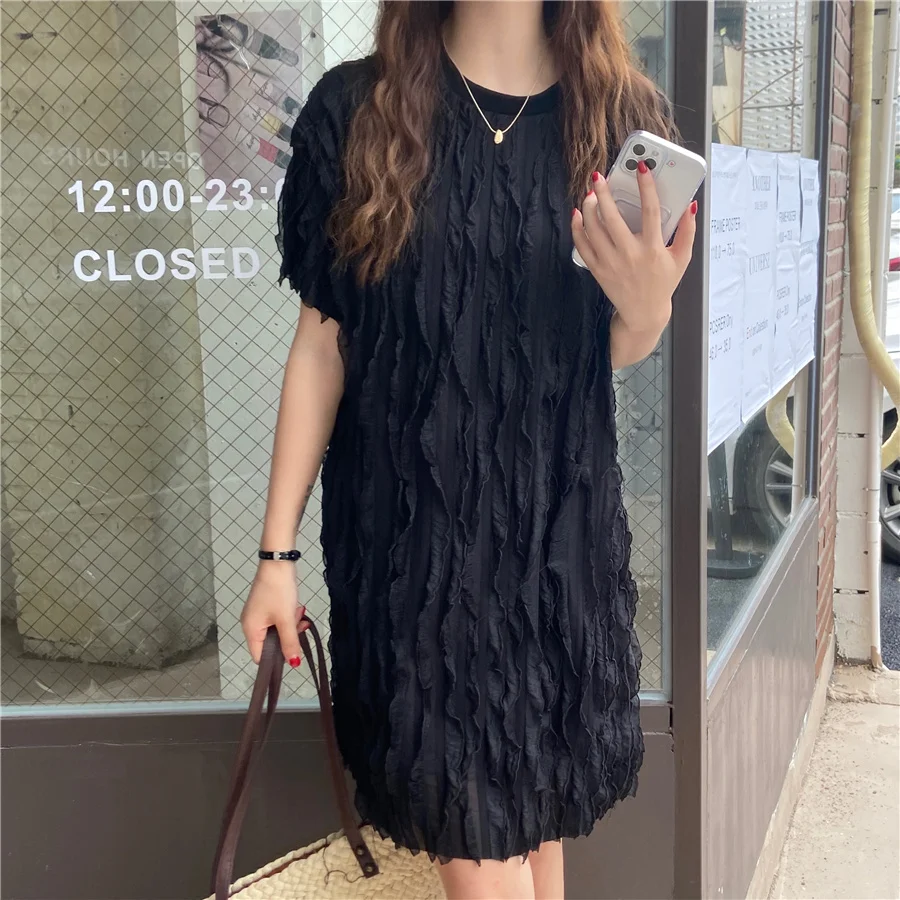 

Women Summer Casual Loose Solid Folds O-neck Party Dress Vintage Lantern Sleeve Korean Style Chic Elegant Dress Vestidos