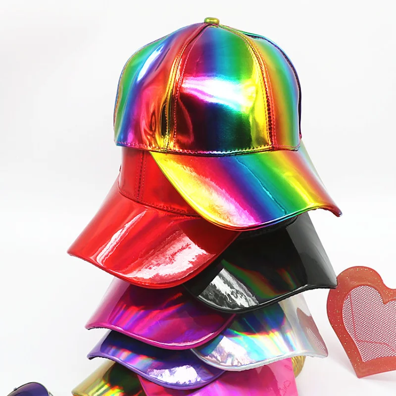 

2021 New Shiny Hip-hop Cap Laser Jazz Stage PU Patent Leather Baseball Hat Youth Personality Stage Performance Caps