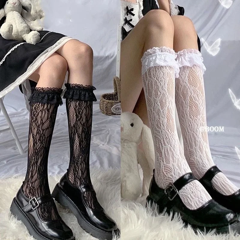 

White Lace Calf Socks Women's Stockings Long-Tube Lace Japanese Black Half-Legs