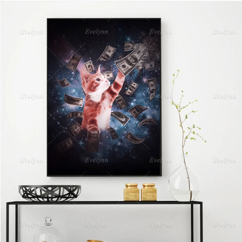 

Cute cat Wall Art Modular Picture Nordic Abstract Galaxy Money Cat Painting Poster and Print Canvas for Living Room Home Decor