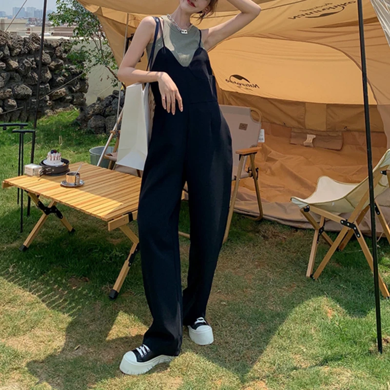 WKFYY Women Causal High Street Safari Style Cotton Solid V-Neck Loose Camisole Strap Rompers Wide Leg Pants Jumpsuits J4005