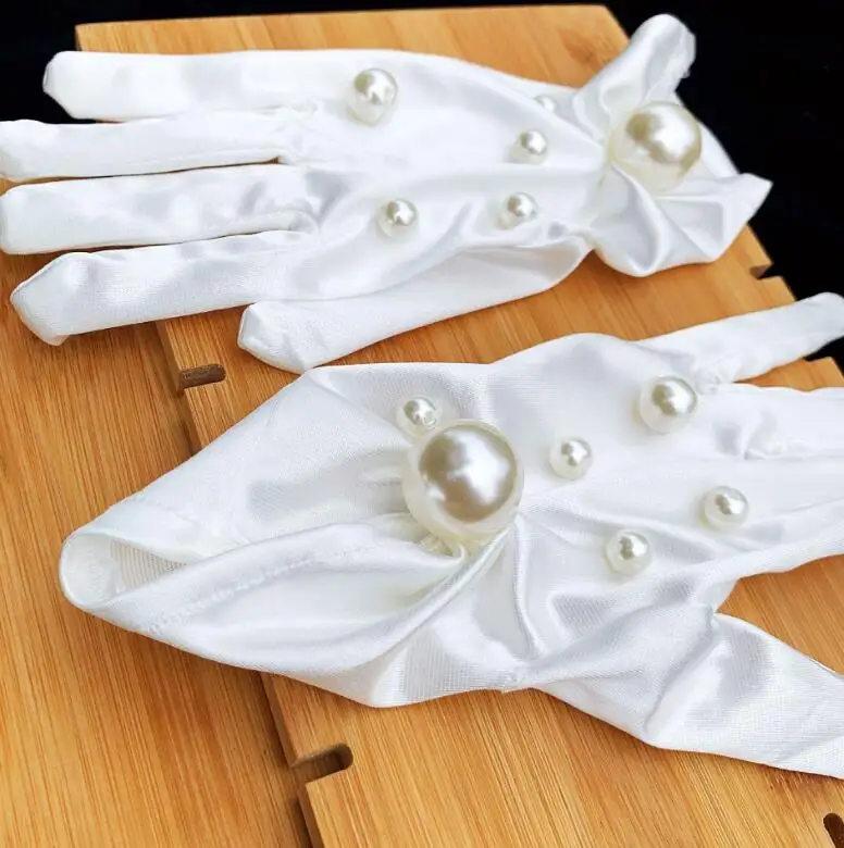 Women's elegant big pearl beaded white satin glove female sunscreen vintage short driving R2796 | Аксессуары для одежды