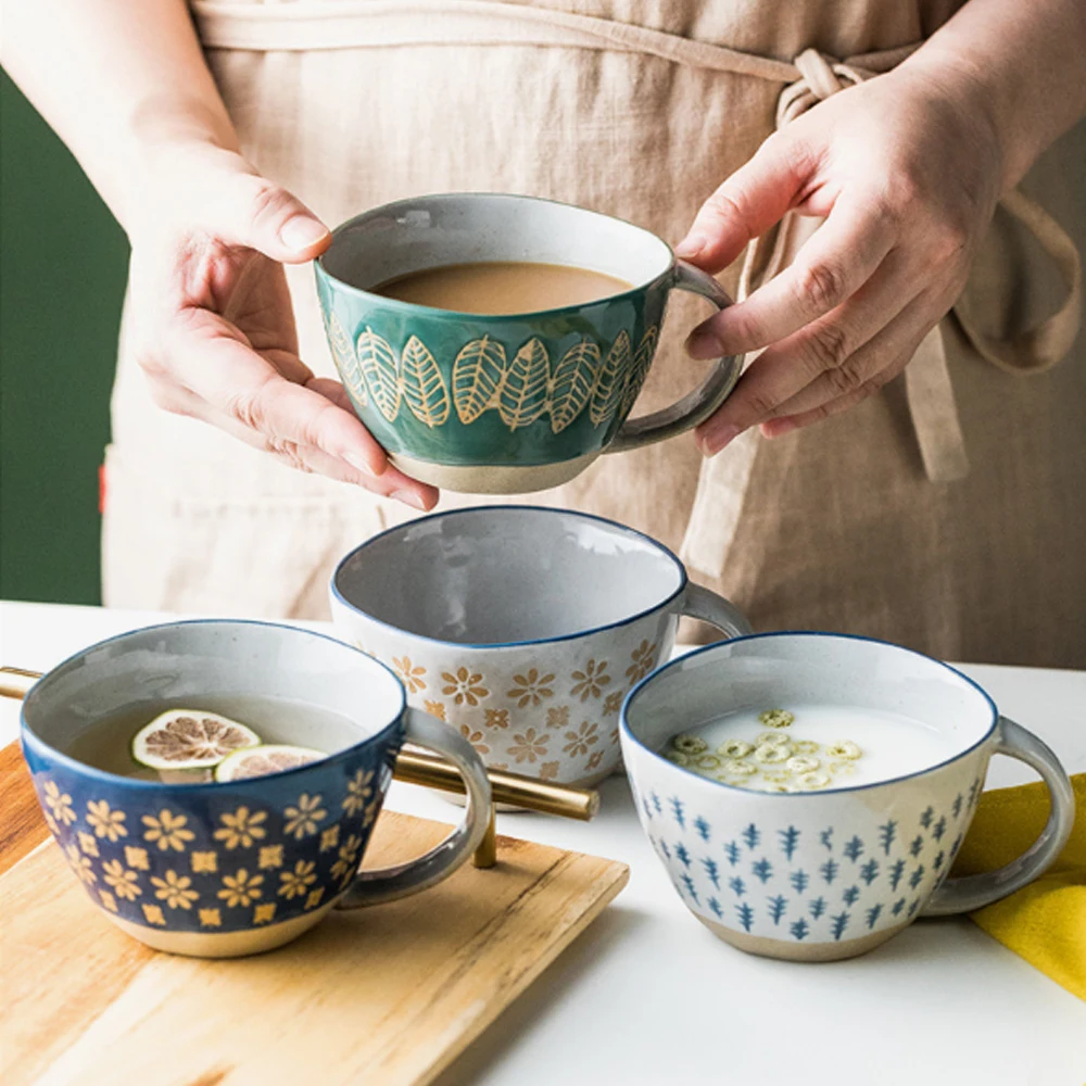 

Vintage Ceramic Mug Handgrip Cup For Breakfast Milk Oatmeal Coffee Ethnic style teacup Heat Resistant Office Home Drinkware Tool