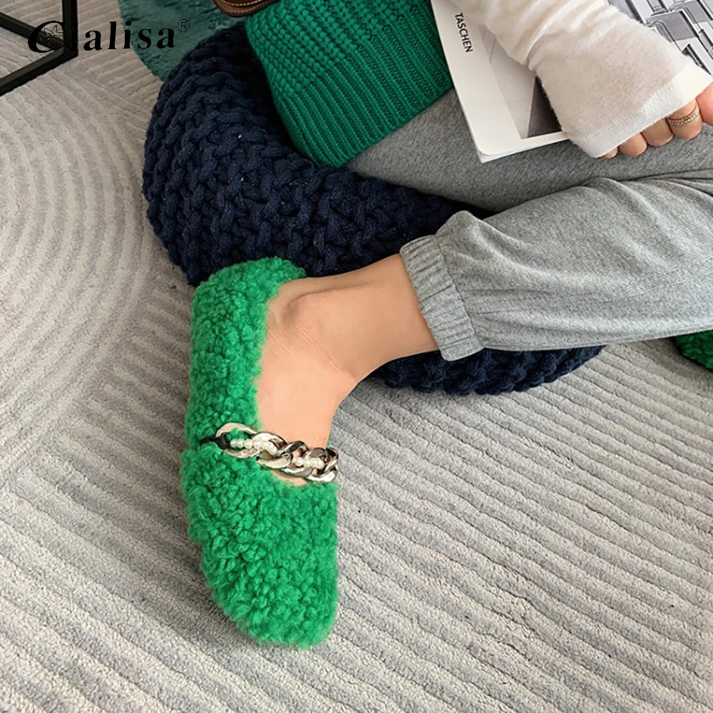 

Kanseet Tound Toe Gneuine Leather Flat Warm Casual Shoes Sheep Fur Short Plush Metal Decoration Green Women's Low Shoes