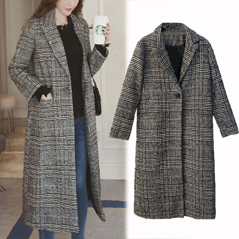 Женское зимнее шерстяное пальто с лацканами женские теплые клетчатые шерстяные