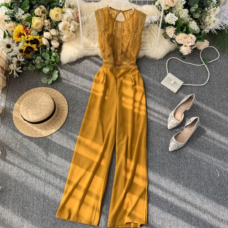 

Summer Women's Jumpsuit New OL Women's Hollow Backless Sleeveless Lace Fight Receiving Waist Thin Wide Leg Pants LL009