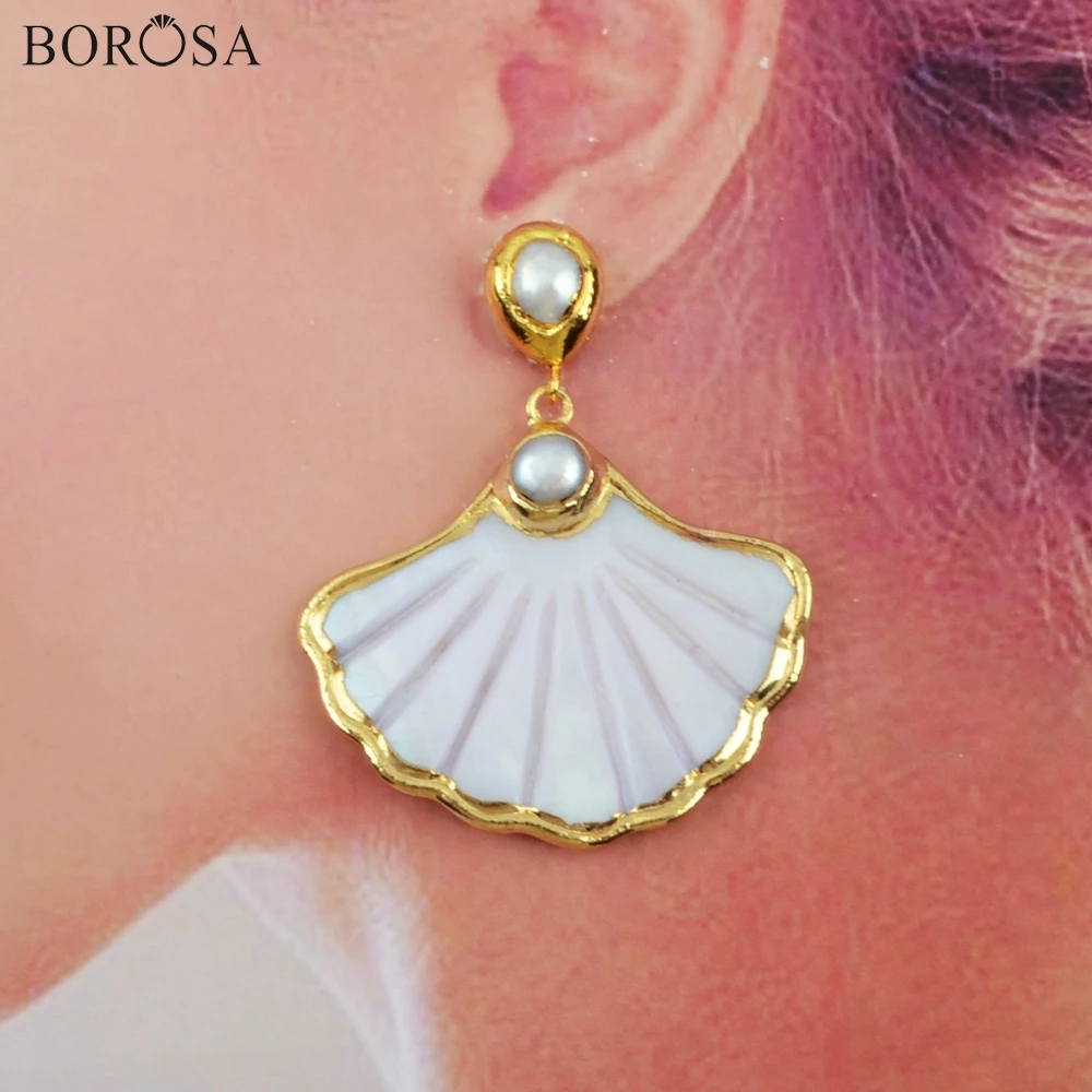 BOROSA 3/5 пар стильных; Американская Спортивная куртка; Белый сережки в виде ракушек с перламутровыми бусинами вентилятор ручной работы корпус с рисунком Длинные Висячие серьги ювелирных изделий G1897-E