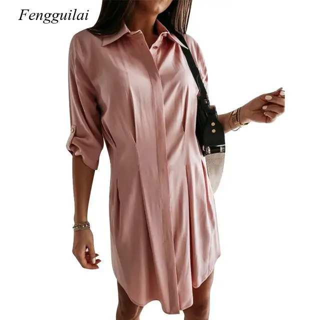 

2020 Summer Women Dresses Woman Solid Collar Long Shirt Dress Women T Shirt Dress Female High Waist Vintage Casual Dresses