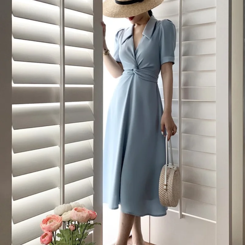 

Summer Office Elegant White Dress 2021 Solid Color Lapel Short Sleeve Vintage Bandage Midi Dress A-Line Female Vestidos