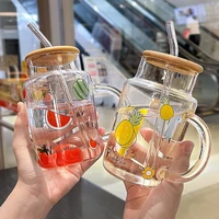 watermelon pineapple glass straw water cup with cover summer lovely milk cup with handle tea cup drinkware kawaii water bottle
