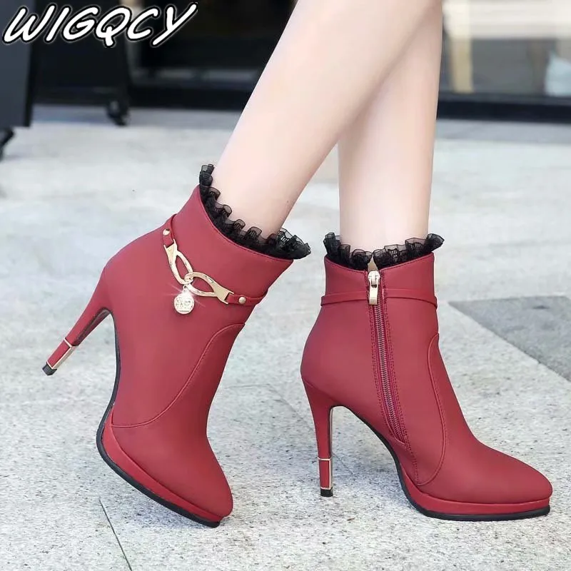Женские теплые ботинки на очень высоком каблуке в западном стиле молнии с