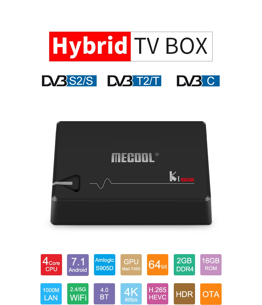 MECOOL KI PRO DVB Android 7,1 smart tv Box DVB-T2/DVB-S2/DVB-C Amlogic S905D Quad 2 Гб+ 16 Гб приставка K1 PRO приставка добавить 1 год IP tv