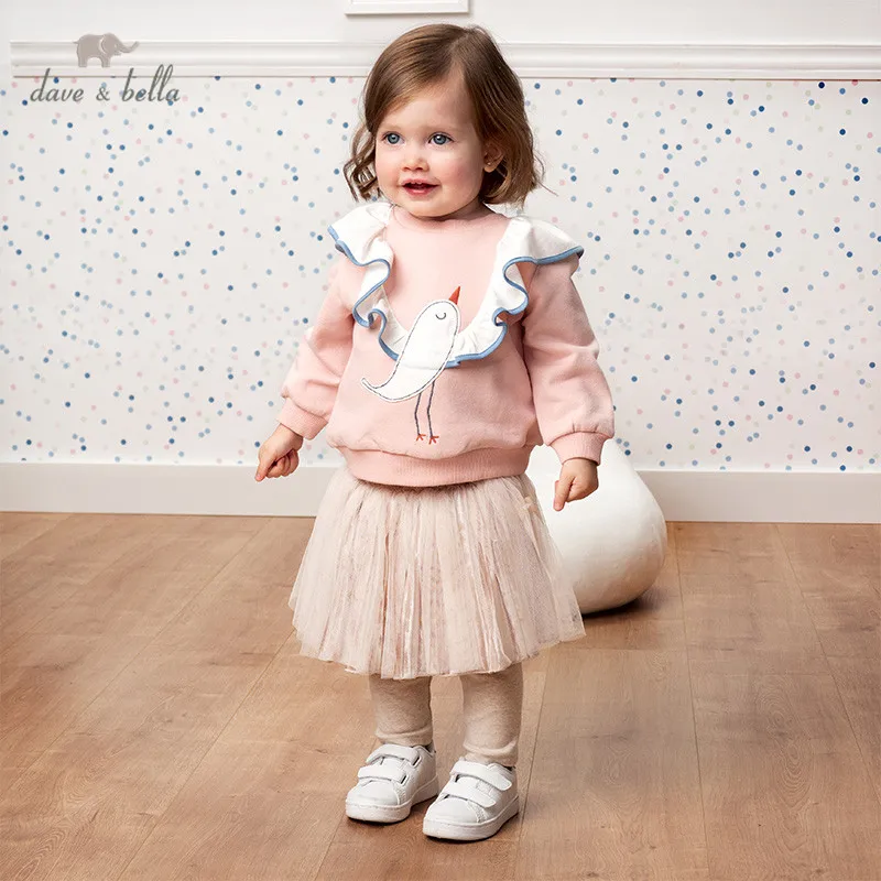 

DBW13078 dave bella spring baby girls cartoon ruched T-shirt children long sleeve tops girls cute pullover kids fashion tees