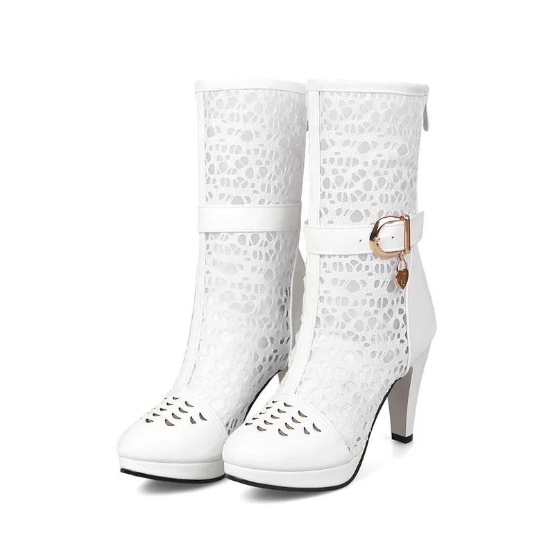 

YMECHIC 2018 Summer Lace Mesh Boots Women Black White Spike High Heels Buckle Female Mid Calf Boots Large Size Gladiator Shoes