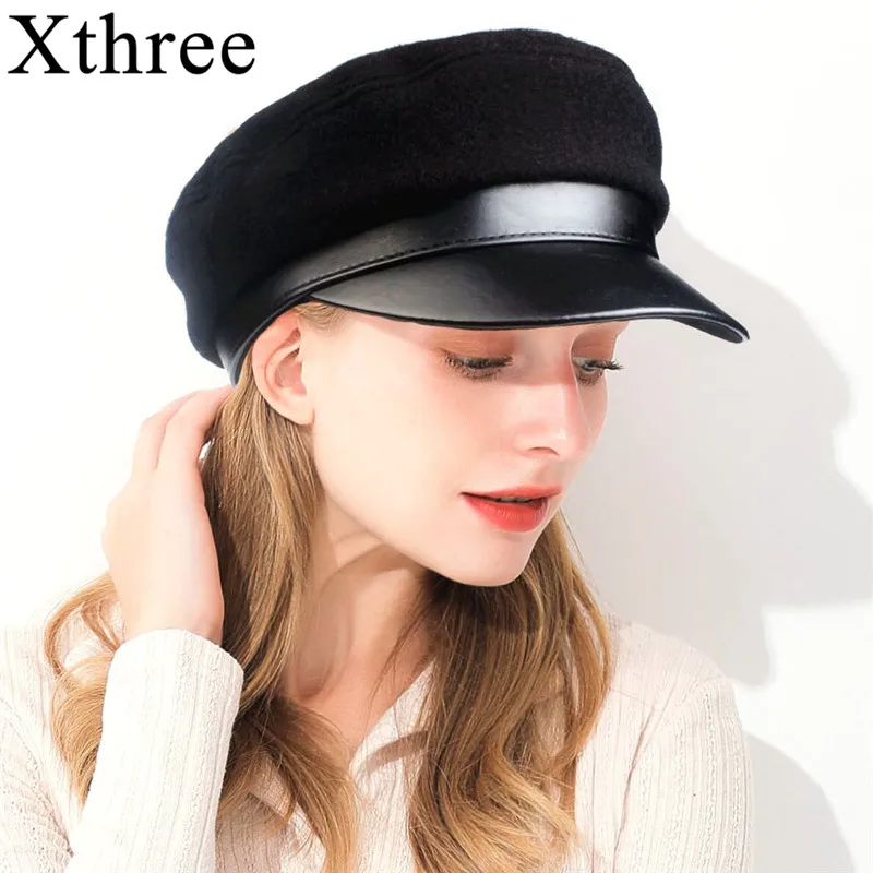Кепка Xthree женская кожаная модная шерстяная Панама в стиле милитари с плоским