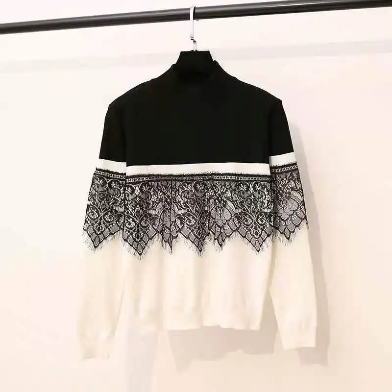 Neploe корейский кружевной лоскутный трикотажный низ Джерси Mujier Invierno Водолазка пуловер студенческий свитер темперамент дикий Unif 45949