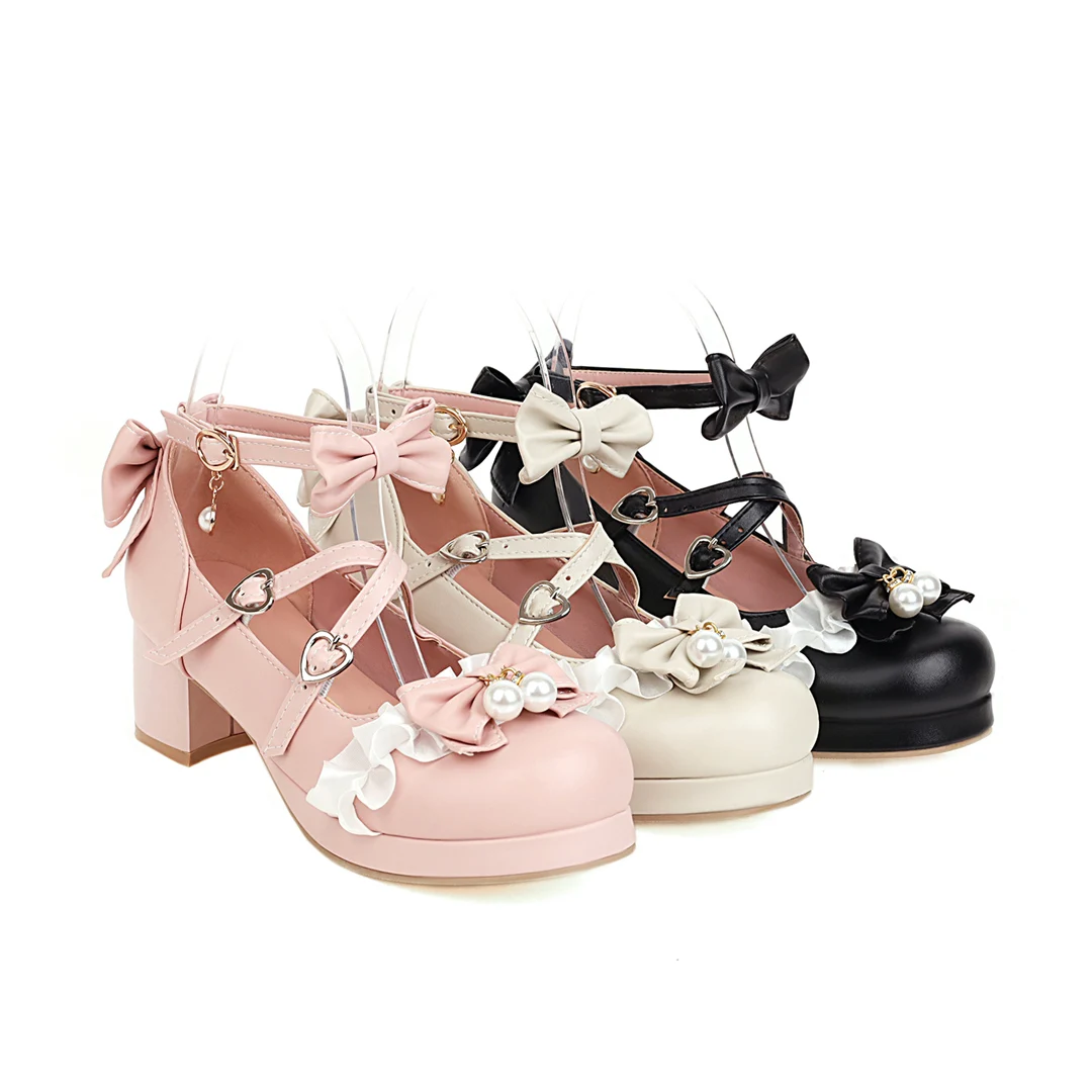 Women Mary Janes Cute Lolita Shoes Classics Ladies Block High Heels Ankle Strap Dress Pumps Bow Lace Round Toe with Pearl 2021