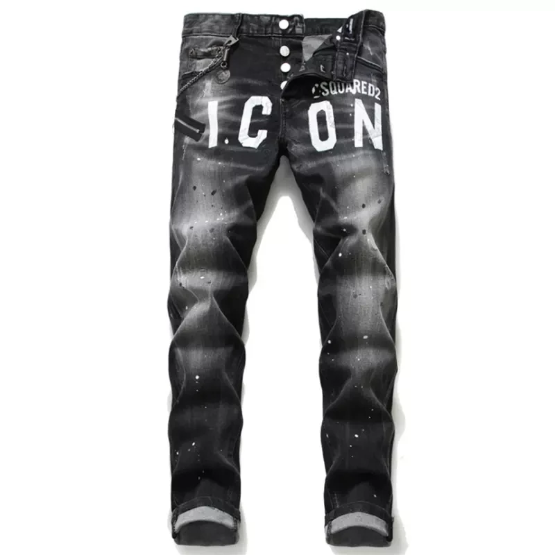

Spring/Summer New DSQUARED2 Black Jeans Men's Slim-Fit Badge Spray-Painted Small Feet Stretch Pants 1058#