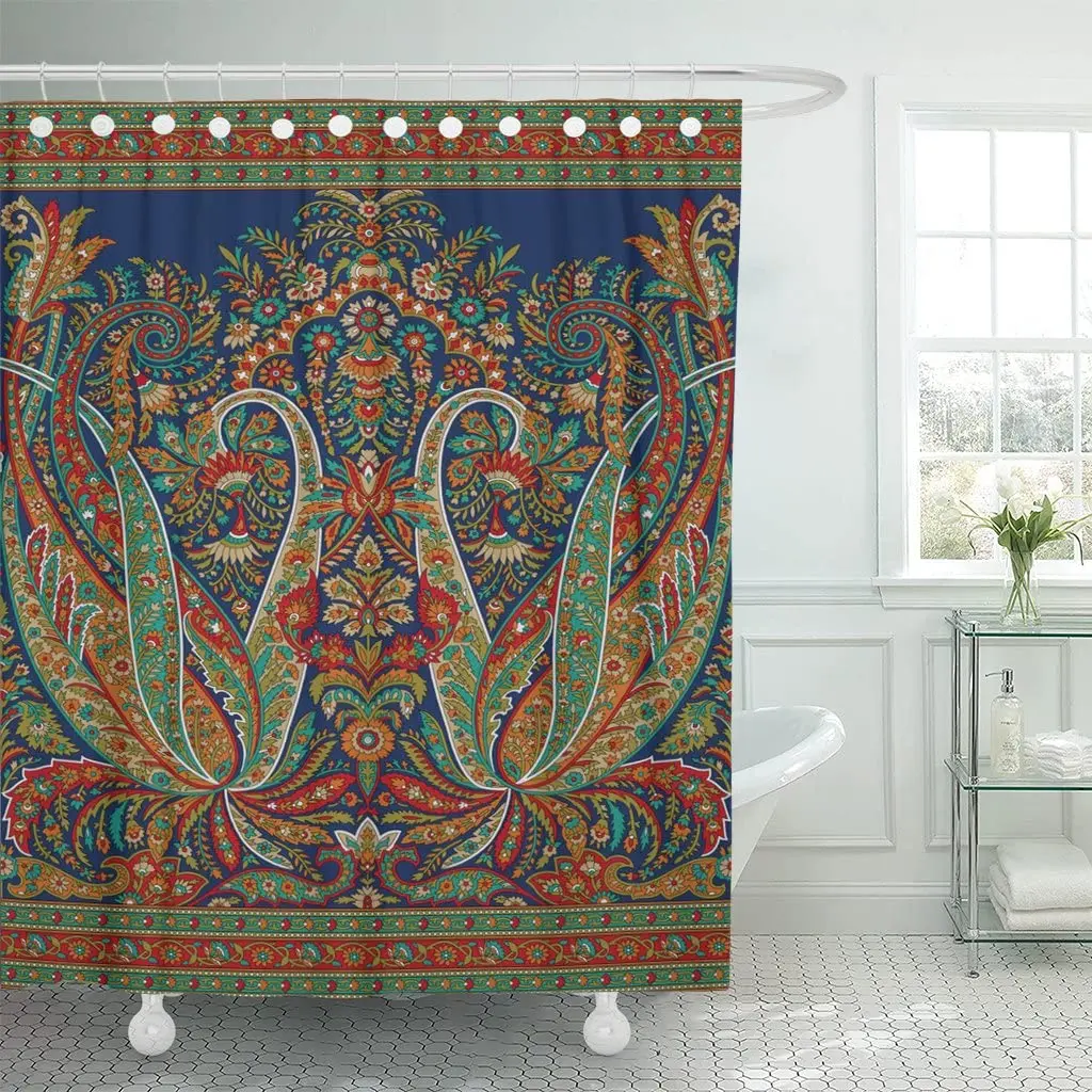 

Colorful Vintage Indian Paisley Green Baroque Persian Abstract Scarf Shower Curtain Waterproof Polyester Fabric 72 x 78 Inches