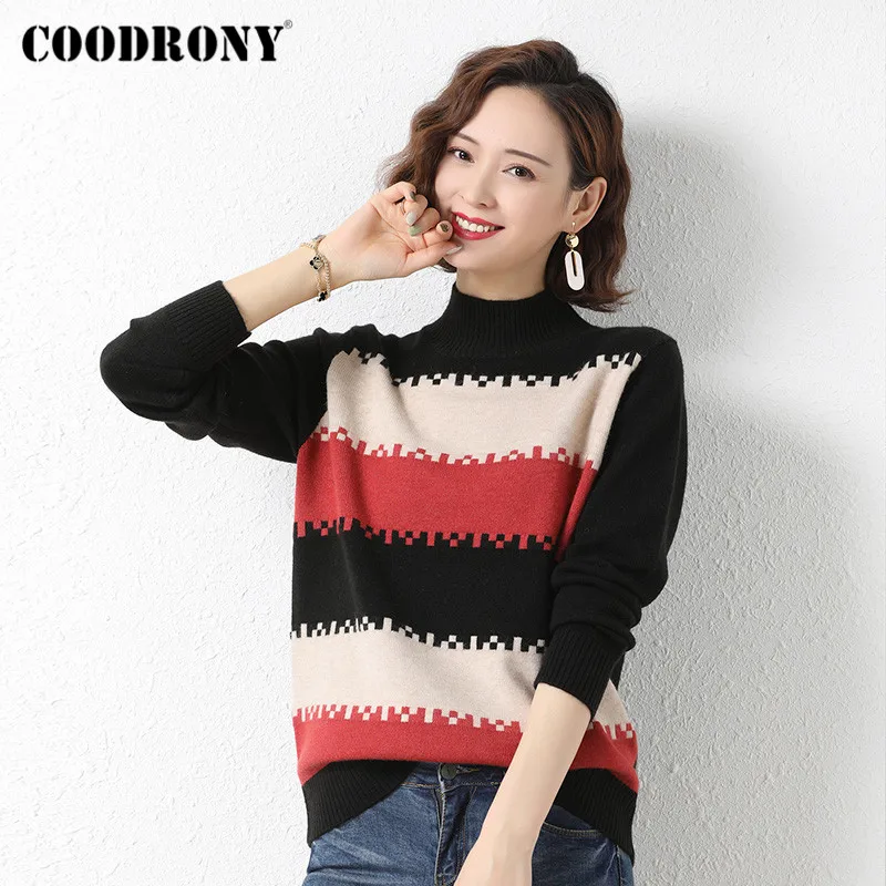 

COODRONY Brand Autumn Winter Soft Warm Christmas Jumper Women Streetwear Fashion Knitted Turtlneck Striped Sweaters Female W1190