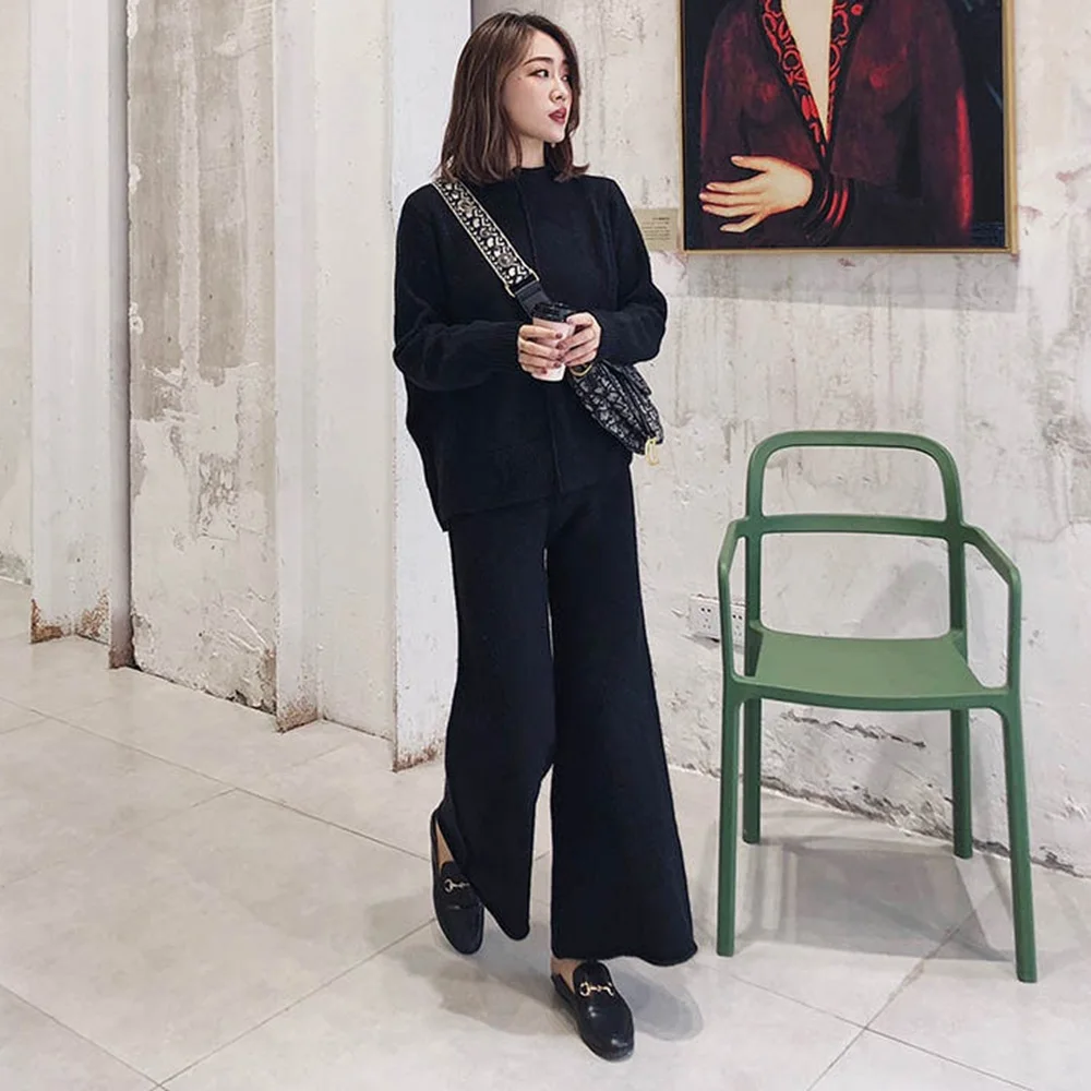 Осенние комплекты из двух предметов однотонные свободные трикотажные топы с