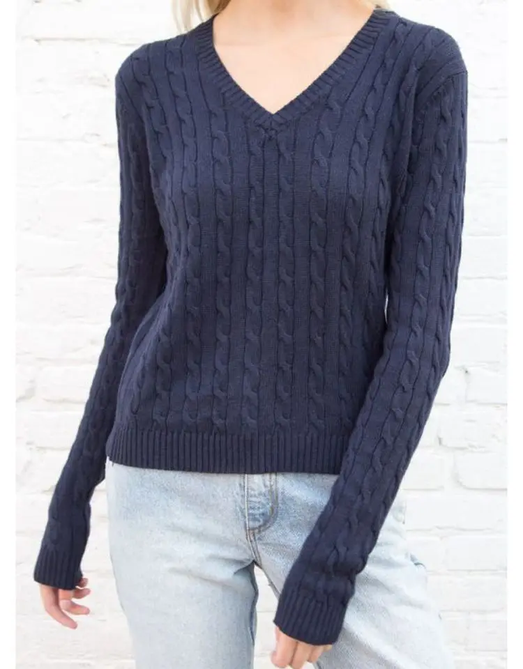 

Sweater Brandy Mandy Women Top Autumn Casual Sweaters V Neck Long Sleeve Knit Pullover Sweater for Girls Navy Woman Crop Sweater