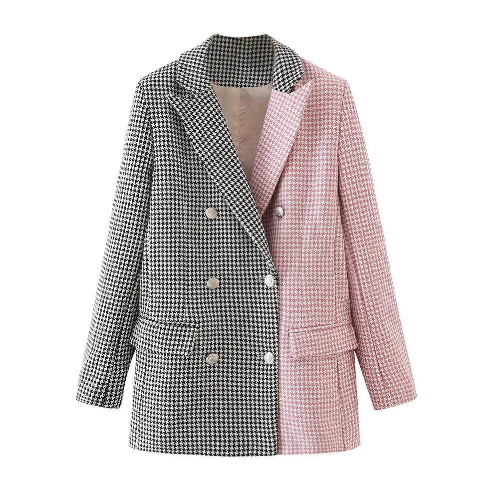 

Women's Chic 2021 Fashion Metal Buckle Lattice Color Matching Suit Spring and Autumn New Casual Temperament Ladies Top Jacket