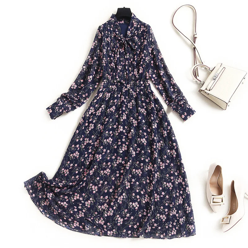 

Women floral print chiffon dress new 2021 spring summer bow collar long sleeve high waist a-line elegant dresses navy blue black