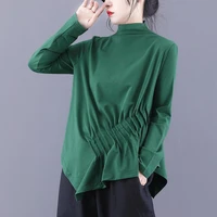 spring new high neck t shirt cotton solid color was thin retro stretch long sleeved outer wear bottoming spring coat top women