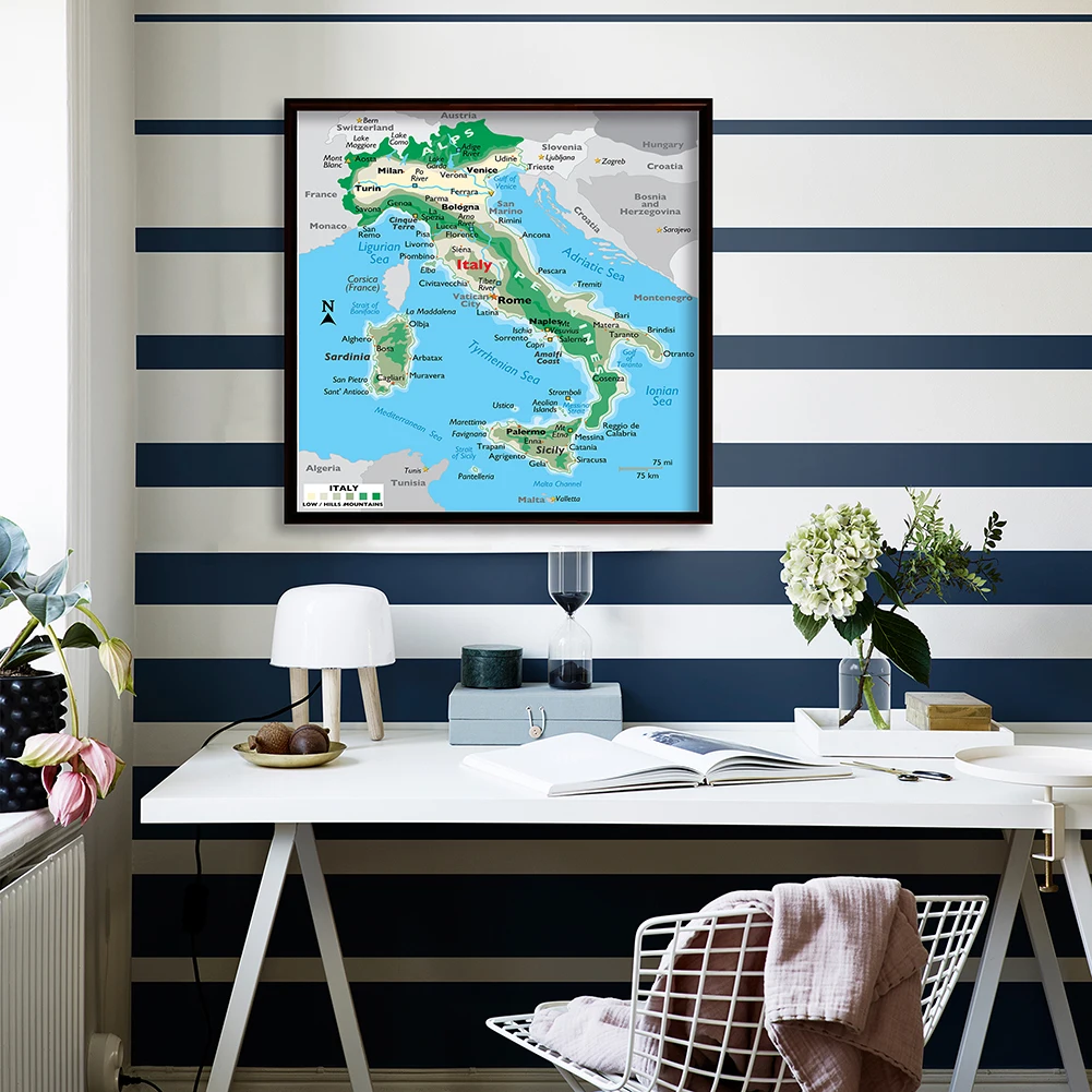 

90*90cm Terrain Map of The Italy Non-woven Canvas Painting Vinyl Print Wall Art Poster Classroom Home Decoration School Supplies