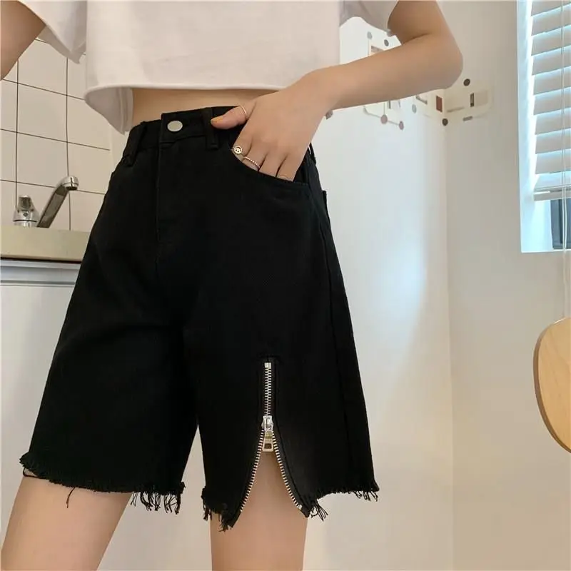 

Shorts Women Zipper Design Simple Solid Burrs Newest Summer Leisure Students Straight High Waist Loose Harajuku Popular Washed