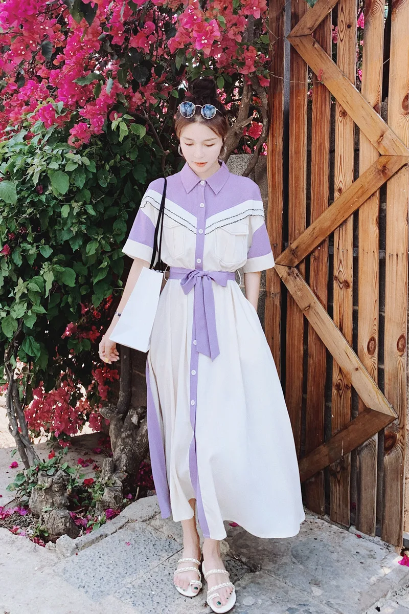 

Fashion Splice Contrast Color Short Sleeve Lape Shirt Dresses Women 2021 Summer Elegant Korean Loose Big Swing Casual Long Dress