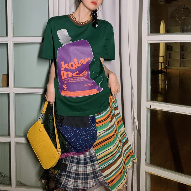 

Women Summer Fashion Hit Color Spliced Print T-Shirt Female Brand Designed Asymmetrical Skirt Ladies New Loose Skirt Set ML103