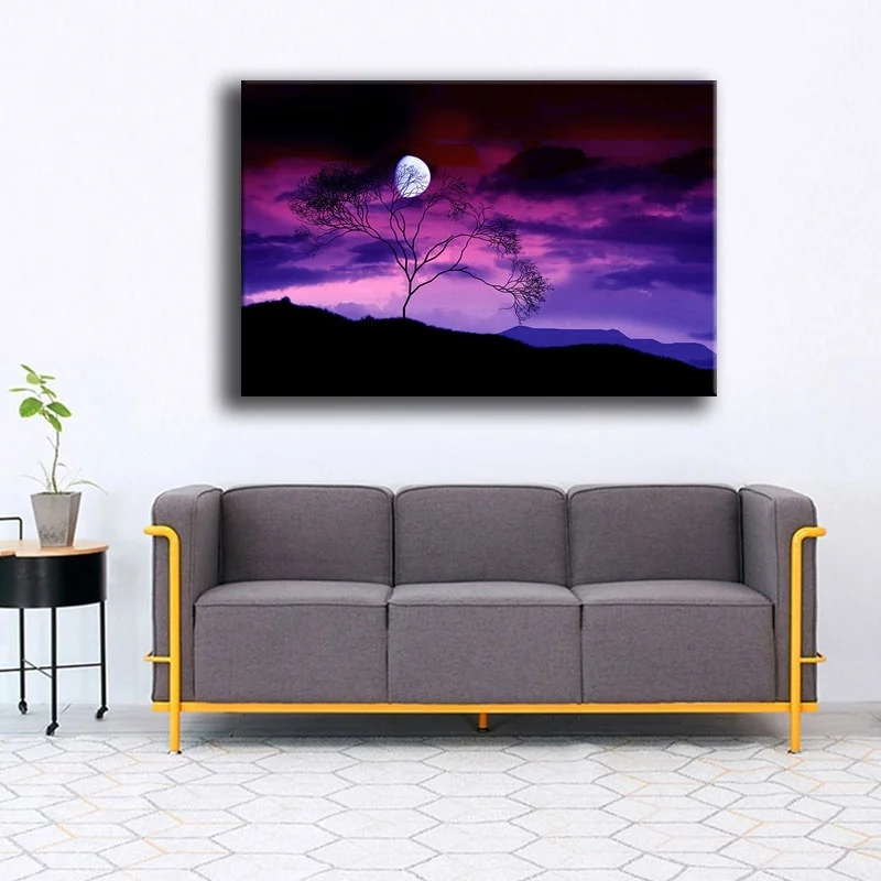 Картина на холсте домашний декор 1 шт. Фиолетовое небо полнолуние ночной плакат