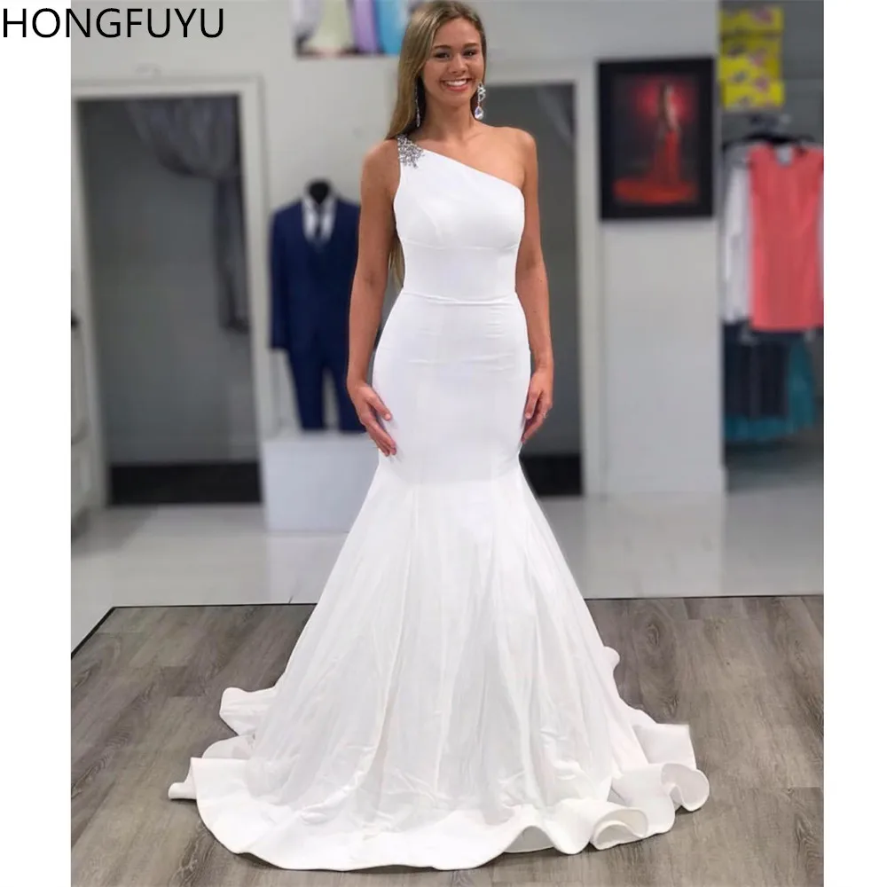 HONGFUYU, бисероплетение, Русалка, вечернее платье, длинное, на одно плечо, сексуальное, для выпускного вечера, пышные платья цвета слоновой кости, атласные, вечерние платья, robe de soiree