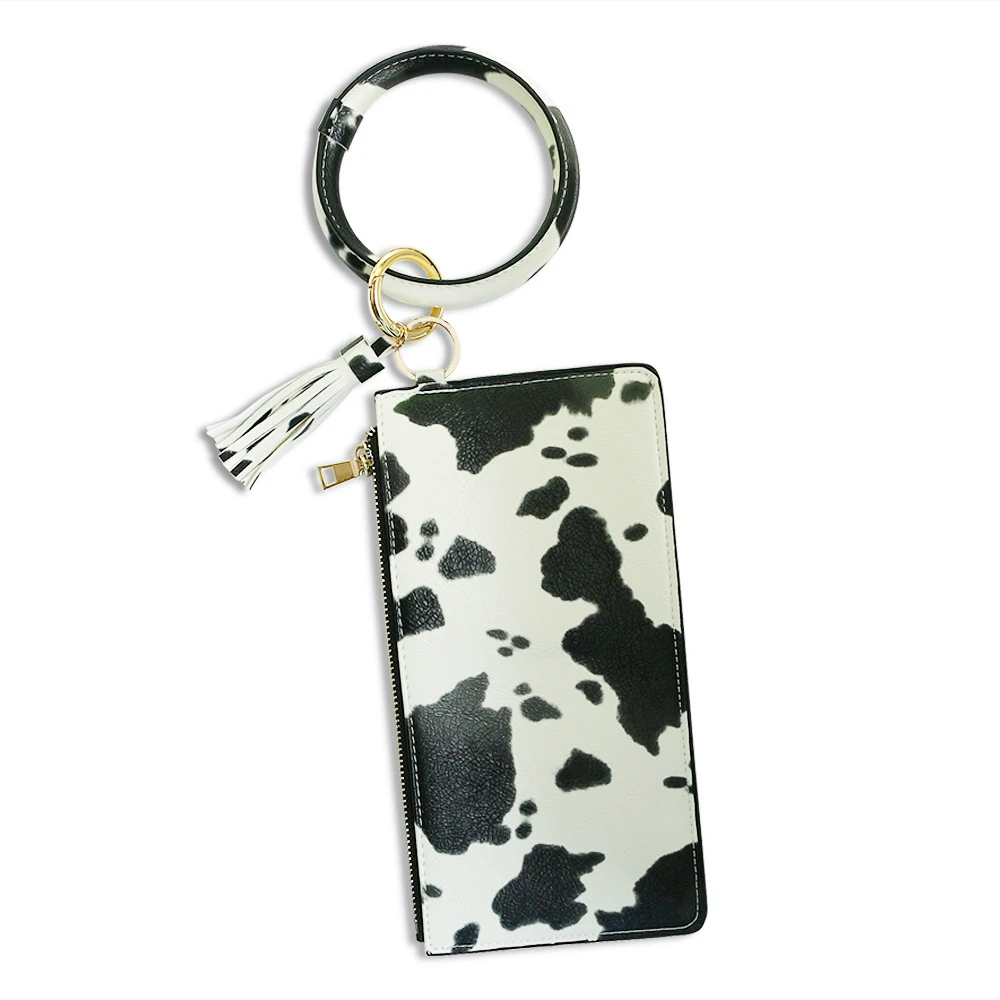 

Fashion Woman's Wallet Key Chain Wristband Key Ring Cow Leopard Bangle Keychain With Card Holder And Tassel PU Leather Bracelet