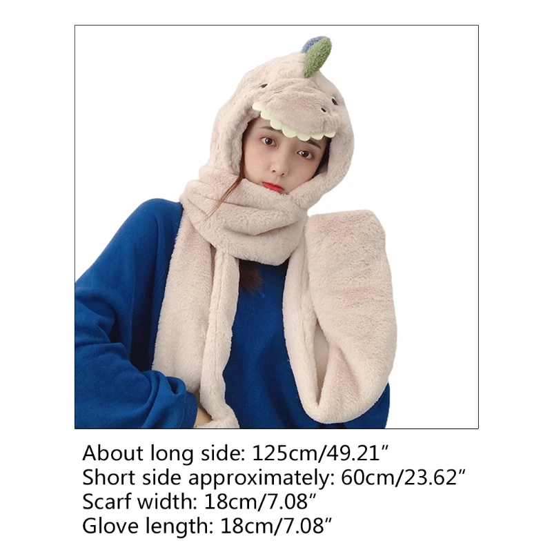 

Unisex Winter Warm 3 In 1 Cartoon Dinosaur Plush Hooded Scarf Hat Gloves Set U4LF