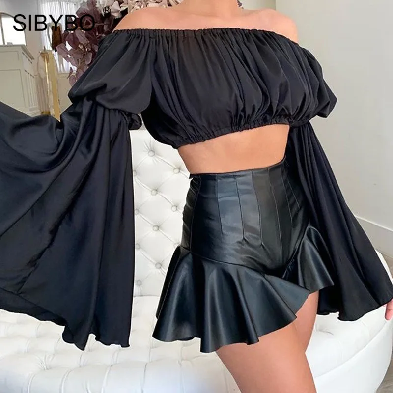 Женские юбки из искусственной кожи SIBYBO с оборками высокой талией трапециевидная