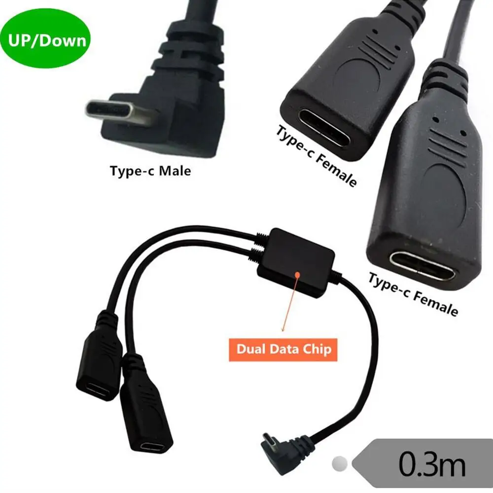 

USB 3.1 C Male UP/DPWN Angled to 2x 3.1 C Female Charging Data Transmission 2 in 1 Splitter Extension Adapter Cable Cord