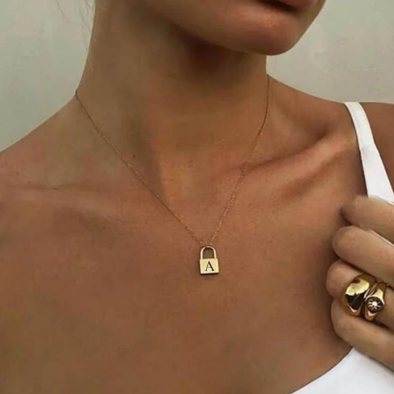 

Initial Necklace Lock Necklace For Women A-Z Capital Letter English Chain Lock Necklace Gold Stainless Steel Necklace Jewelry