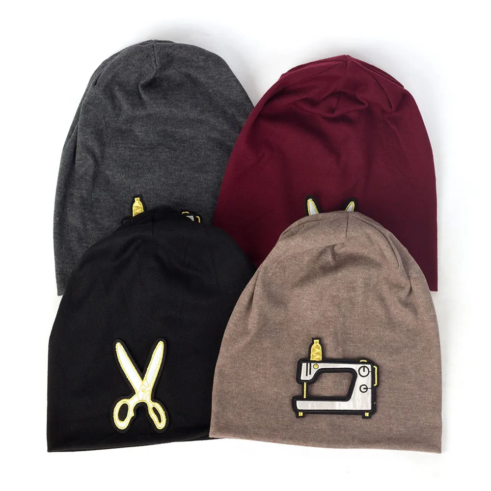 

Ножницы, швейная машина, аппликация, шапочки, облегающие шапки, Женские Мешковатые хлопковые зимние шапки, Женские однотонные повседневные ...